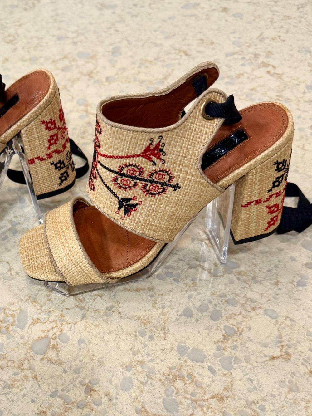 NWOB Women's Size 5.5 Shoes by Top Shop, Rare Woven Reed, Embroidered Stack Heel